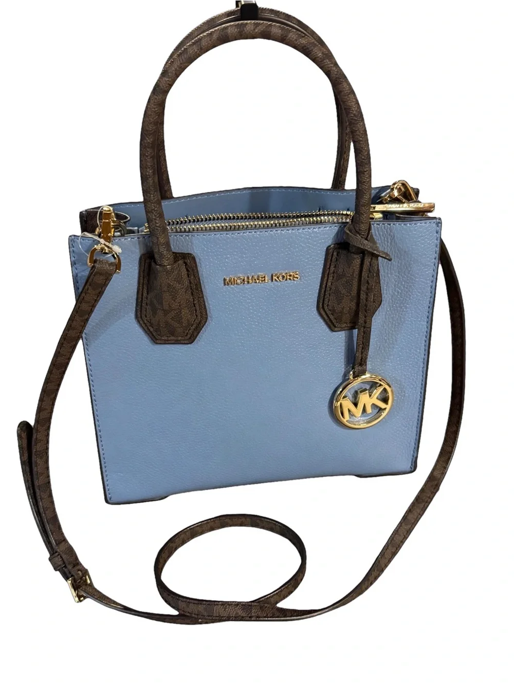 💙 Michael Kors Mercer X-Small Messenger Satchel Chambray Blue & Brown Signature